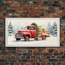 Cargar imagen en el visor de la galería, Christmas Tree Delivery - Retro Farmhouse Christmas Decor - Old Red Truck Delivering Christmas Trees - Framed Canvas Print - Holiday Decor