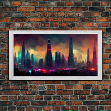 Load image into Gallery viewer, Dystopian Cyberpunk City, ready to hang canvas print wall art, framed canvas wall art, mancave wall art, Cyberpunk Art