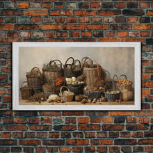 Load image into Gallery viewer, Cornucopia Wall Art, Basket Wall Decor Framed Canvas Print, Boho Wall Art, Wicker Round Bowl Art, Wicker Wall Art Print, Fall Decor