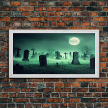Carregar imagem no visualizador da galeria, Full Moon Over A Haunted Cemetery At Night, Spooky Creepy Graveyard, ready to hang canvas print wall art, Halloween Art