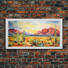 Load image into Gallery viewer, Boho Whimsical Wall Art, Pastel Desert Print, Framed Canvas Art, Unique Wall Art, Minimalist MCM Style Wall Art, Landscape Painting