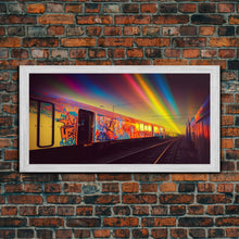 Load image into Gallery viewer, Box car graffiti art, wall decor, train box car, ready to hang canvas print wall art, rainbow train wall art