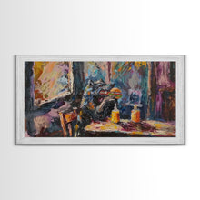 Load image into Gallery viewer, Funny Werewolf Having a Cheeseburger in a diner, framed canvas print, halloween decor