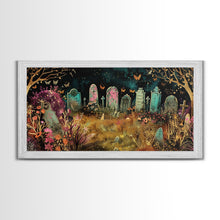 Load image into Gallery viewer, Colorful Haunted Grave Yard In The Spring Time, Framed Canvas Print, Spooky Wall Art, Halloween Spooky Season Decor