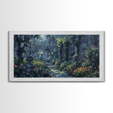 Load image into Gallery viewer, Creepy Victorian Hedge Maze, Haunted Cemetary Framed Canvas Print, Spooky Season Wall Art