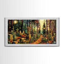 Load image into Gallery viewer, Colorful Haunted Grave Yard In The Spring Time, Framed Canvas Print, Spooky Wall Art, Halloween Spooky Season Decor