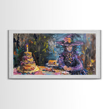 Load image into Gallery viewer, Birthday Party for One, Springtime Witch and A Birthday Cake, Framed Canvas Print, Funny Halloween Art