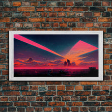Load image into Gallery viewer, Cyberpunk lake art, city canvas, video game concept art, living room wall art, dystopian art, outrun city at sunset, man cave canvas print