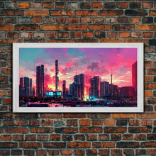 Load image into Gallery viewer, Cyber punk city skyline canvas print, outrun sunset, synthwave, vapor wave, dystopian city at sun set, mancave wall art, video game concept