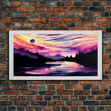 Load image into Gallery viewer, Beautiful lake at night canvas print, purple and pink sunset night sky, wall art canvas, lake front view, guest room, surreal Lakehouse Art