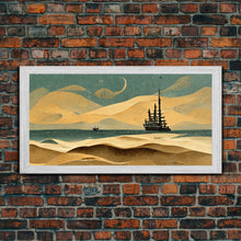Load image into Gallery viewer, Art deco canvas print, pirate ship at sea beyond the sand dunes, living room wall art