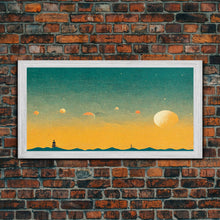 Load image into Gallery viewer, Art deco light house at sunset canvas print, sunset, vintage 20s style wall art, 30s style wall art, orange and turquoise sunset art
