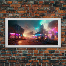 Load image into Gallery viewer, Destitute cyberpunk city with neon signs wall art, Bladerunner vibes art, synthwave style art, cool wall art