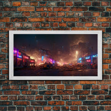 Load image into Gallery viewer, Destitute cyberpunk city with neon signs wall art, Bladerunner vibes art, synthwave style art, cool wall art