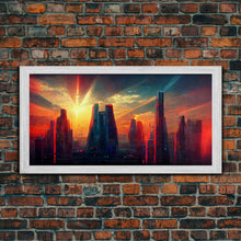Load image into Gallery viewer, Cyberpunk canvas print, cyber punk city at sunset, Bladerunner vibes art, synthwave style art, cool wall art, night city