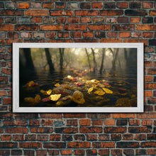 Carregar imagem no visualizador da galeria, Fall leaves floating down the river, autumn, landscape and nature canvas print, oil painting style, neutral wall art