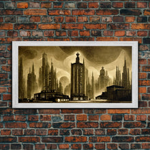 Load image into Gallery viewer, Dystopian Metropolis Art Deco Canvas Print, City Skyline, Fantasy Art, Art Deco Living Room Art, ready to hang wall art