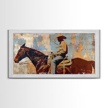 Load image into Gallery viewer, Cowboy on Horseback, Textured Background, Modern Living Room Art, Framed Canvas Print, Rustic Home Decoration, Boho Wall Art