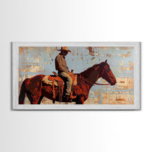 Load image into Gallery viewer, Cowboy on Horse with Rustic Background, Stunning Wall Art, Framed Canvas Print, Boho Bedroom Decor, Western Home Decoration