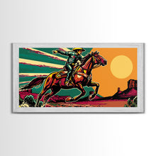Load image into Gallery viewer, Vintage Cowboy Riding Horse, Western Sunset Wall Art, Framed Canvas Print, Rustic Decor, Cowboy Art, Country Living Room