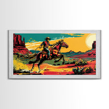 Load image into Gallery viewer, Cowboy Galloping in Desert, Vibrant Sunset Western Art, Framed Canvas Print, Farmhouse Decor, Colorful Wall Art, Cowboy Theme