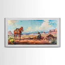 Load image into Gallery viewer, Cowboy Resting with Horse in Desert Landscape, Classic Western Art, Framed Canvas Print, Rustic Wall Decor, Living Room Decoration