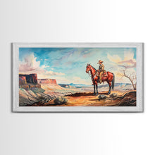 Load image into Gallery viewer, Cowboy on Horse Overlooking Canyon, Majestic Western Art, Framed Canvas Print, Boho Wall Art, Living Room Decor, Home Decoration
