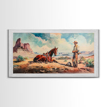 Load image into Gallery viewer, Cowboy and Horse in Desert Landscape, Rustic Farmhouse Art, Framed Canvas Print, Western Decor, Living Room Wall Art, Country Style