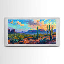 Load image into Gallery viewer, Desert Sunset with Cacti and Mountains, Abstract Southwestern Art, Framed Canvas Print, Rustic Boho Wall Decor, Living Room Art