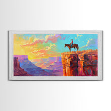 Load image into Gallery viewer, Cowboy on Horse Overlooking Canyon Sunset, Farmhouse Style Framed Canvas Print for Living Room Wall Art, Vibrant Home Decor, Western Scene