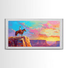 Load image into Gallery viewer, Cowboy Watching Sunset Over Canyon, Farmhouse Style Framed Canvas Print for Living Room Wall Art, Vibrant Home Decor, Western Landscape