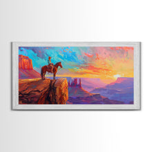 Load image into Gallery viewer, Cowboy and Horse with Canyon View, Farmhouse Style Framed Canvas Print for Bedroom Wall Art, Vibrant Home Decor, Western Scenic Art