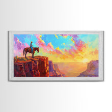 Load image into Gallery viewer, Cowboy on Horse Under Vibrant Sky, Farmhouse Style Framed Canvas Print for Bedroom Wall Art, Rustic Home Decor, Western Scenic Art