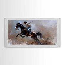 Carregar imagem no visualizador da galeria, Action-Packed Rodeo Scene with Bucking Horse, Beautiful Framed Canvas Print, Western Living Room Art, Rustic Bedroom Decor, Wall Art