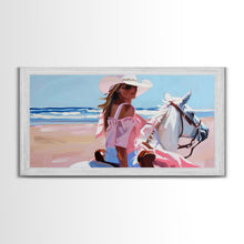 Load image into Gallery viewer, Elegant Cowgirl on Horse by the Shore, Beautiful Framed Canvas Print, Ideal for Coastal Living Room Art, Beach Bedroom Decor, Horse Wall Art