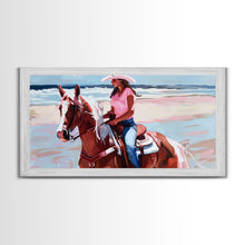 Load image into Gallery viewer, Cowgirl on Horse at the Beach, Stunning Framed Canvas Print, Ideal for Coastal Living Room Art, Beach Bedroom Decor, Equestrian Wall Art