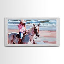 Load image into Gallery viewer, Cowgirl in Pink Shirt Riding Horse by the Sea, Beautiful Framed Canvas Print, Coastal Living Room Art, Beach Bedroom Decor, Horse Art