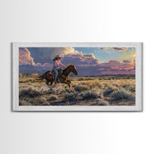 Load image into Gallery viewer, Cowgirl Galloping Across Desert Landscape, Vibrant Framed Canvas Print, Perfect for Living Room Art, Western Bedroom Decor, Desert Wall Art