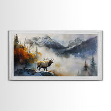 Load image into Gallery viewer, Majestic Elk in Misty Mountains, Framed Canvas Print, Perfect for Living Room Art, Rustic Bedroom Decor, Nature Wall Art, Wildlife Scene