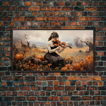 Carregar imagem no visualizador da galeria, Girl Violinist, Fall Wall Decor, Pumpkin Decor, Canvas Print, Wall Hanging, Panoramic Art, Country Home Decor, Violin Wall Art, Gift For Her