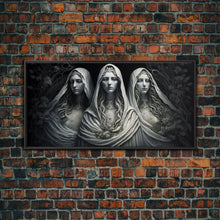 Load image into Gallery viewer, The Norns, Norse Mythology, Weavers of Fate, Framed Canvas Print, Urðr, Verðandi, and Skuld, Black and White Norse Fantasy Art