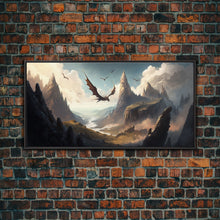 Load image into Gallery viewer, Dragons in Flight Over a Valley, Fantasy Art, Framed Canvas Print, Medieval Fantasy Art, Fire breathing dragons