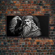 Load image into Gallery viewer, Black and White Portrait of Odin and Muninn, King of The Gods, Framed Canvas Print, Odin's Ravens, Norse Mythology Art