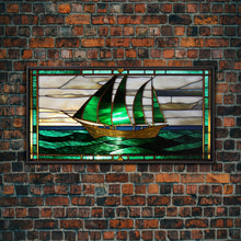 Load image into Gallery viewer, Emerald Green and Gold Art Deco Sail Boat, Framed Canvas Print, Retro MCM Style Wall Art, Midcentury Modern, Vintage Style, Stained Glass