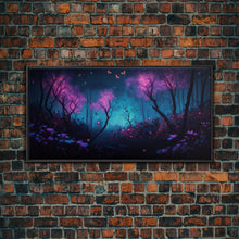 Load image into Gallery viewer, Beautiful forest canvas print Fantasy forest wall art Forest Painting, Framed Art, Glowing Butterflies