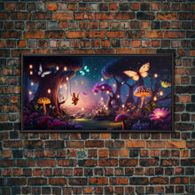 Load image into Gallery viewer, Vibrant Fantasy Forest Wall Art, The Forest Floor, Bioluminescent Glowing Butterflies, Gift, Framed Canvas Print
