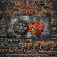 Load image into Gallery viewer, Gears Wall Art, Mechanical Design Wall Decor, Steampunk Art, Red Black, Panoramic Wall Decor, Canvas Print, Wall Art, Framed Canvas Art