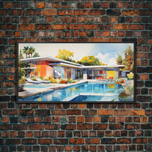 Load image into Gallery viewer, Architecture Art, Midcentury Modern, House Portrait, Watercolor House, Panoramic Art, Wall Art, Canvas Art, Landscape Art, Realtor Gift