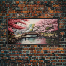 Cargar imagen en el visor de la galería, Cherry Blossoms, Japanese Wall Art, River Wall Art, Panoramic Art, Wall Art, Canvas Art, Landscape Art, Living Room Art, Tiny House Décor