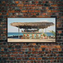 Load image into Gallery viewer, Beachside Tiki Hut Bar and Grill, Framed Canvas Print, Liminal Art, Framed Wall Decor Beach Photography, Surf Art, Surf Print Nautical Decor
